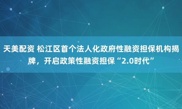 天美配资 松江区首个法人化政府性融资担保机构揭牌，开启政策性融资担保“2.0时代”